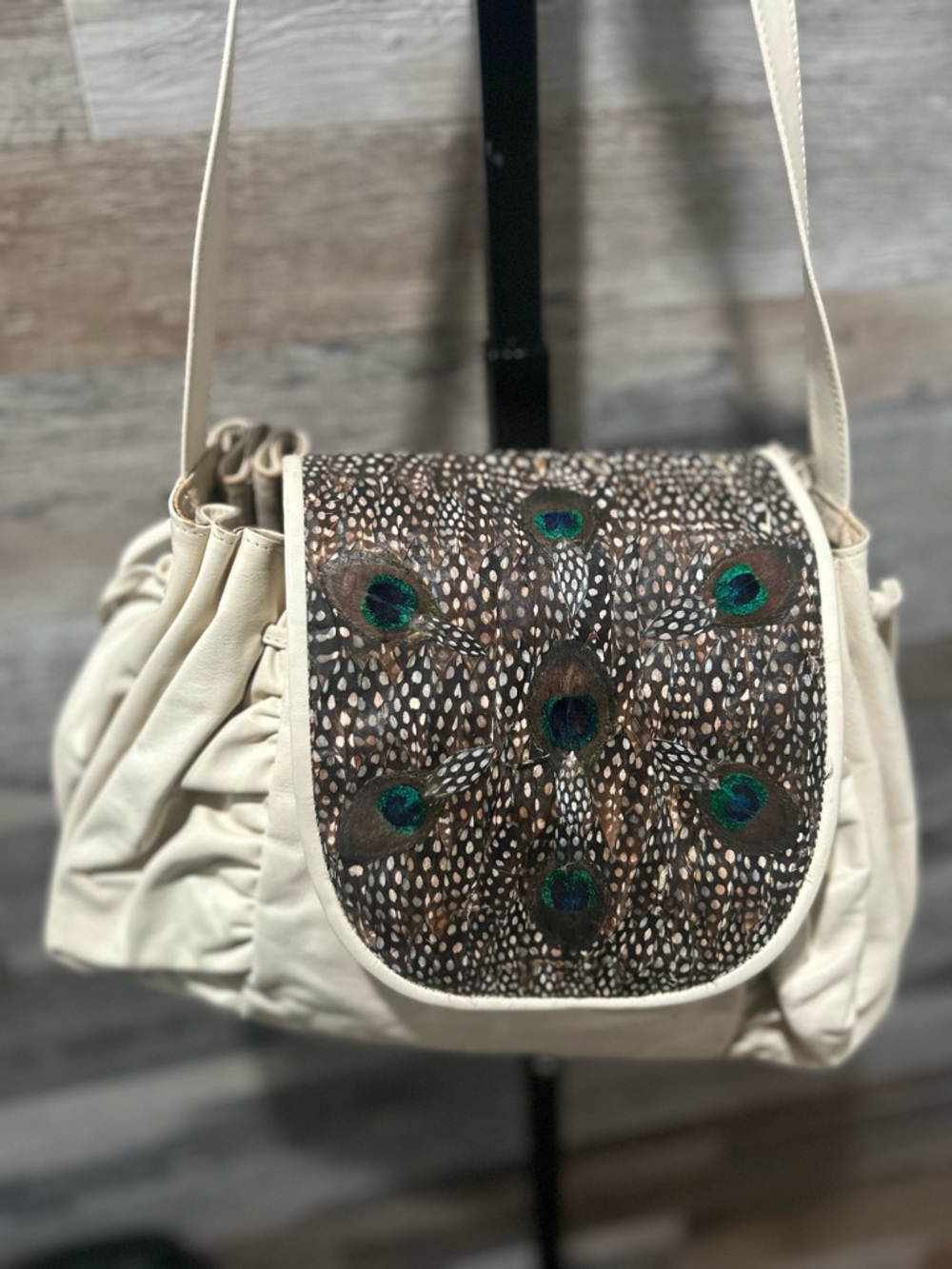 Cream Shoulder Bag with Peacock Feather Flap